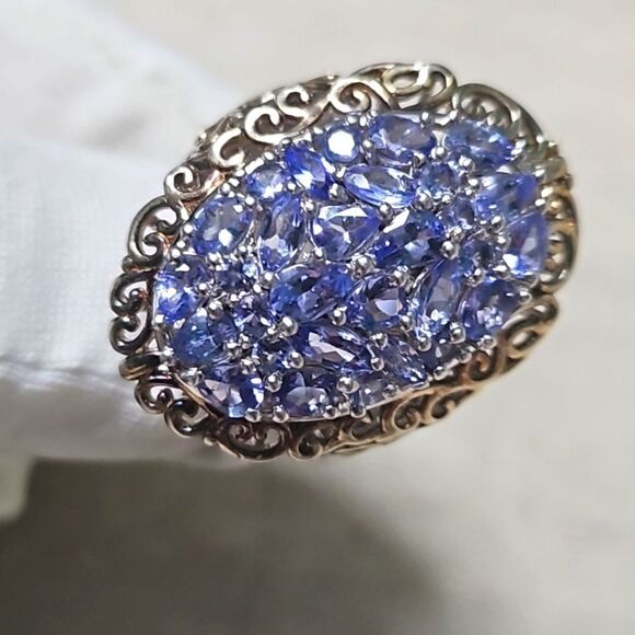 Vintage Jewelry - Vintage 80's Giant Tanzanite 21 Purple Gemstone Two-tone Cocktail Ring 7